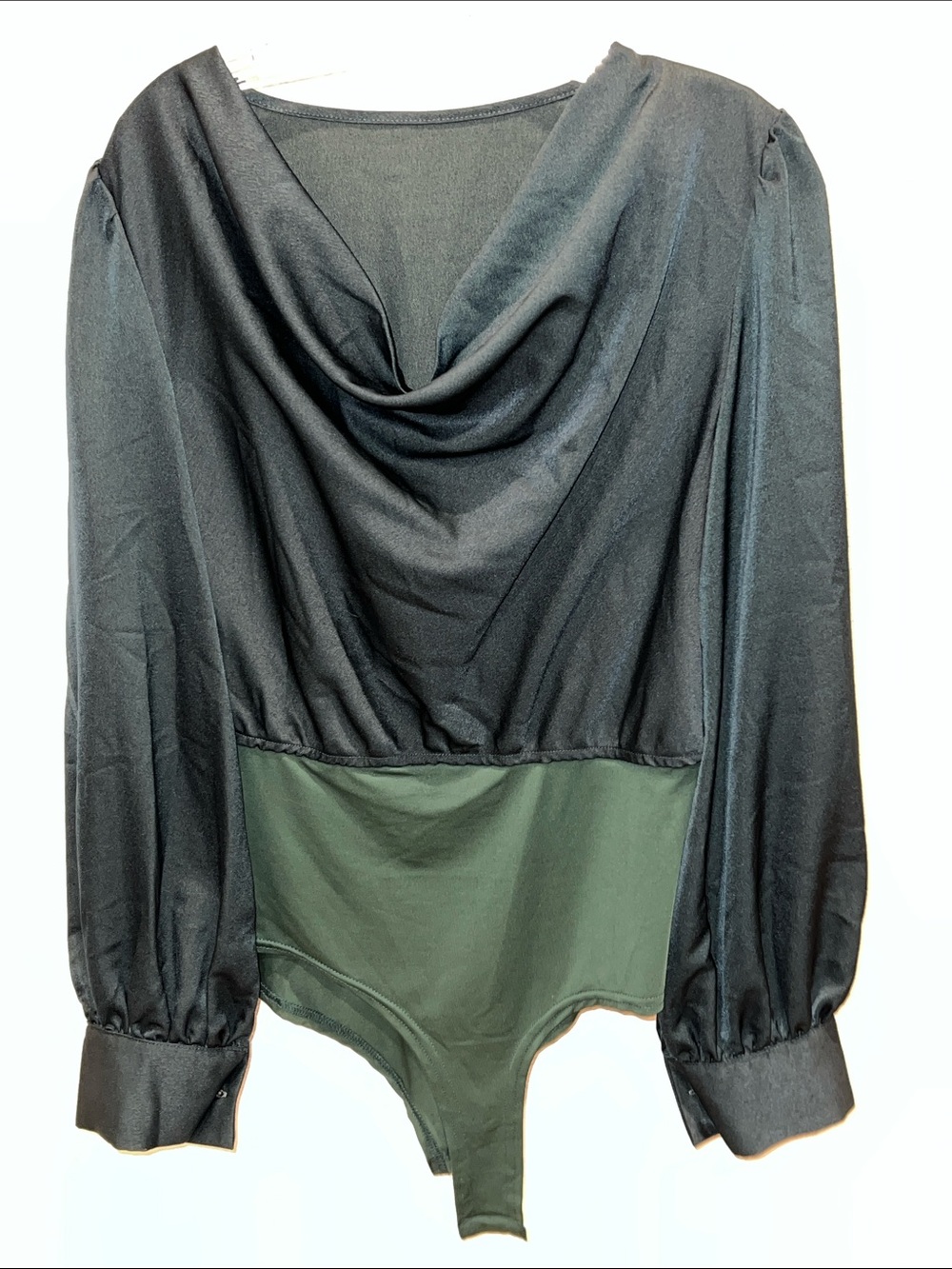 SHEIN Black and Dark Green Draped Long Sleeve Bodysuit